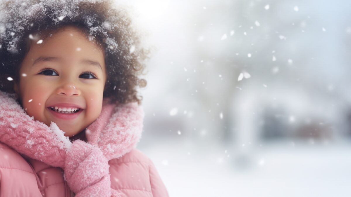 Falling snowflakes surrounding a little girl with love and warmth.