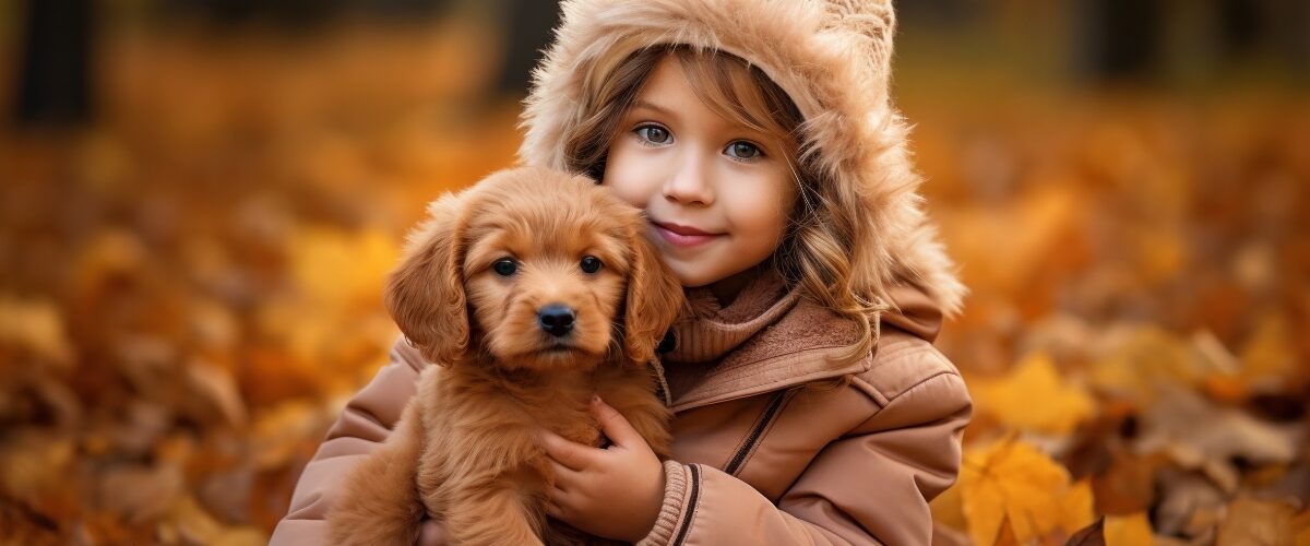 little girl holding puppy in the leaves